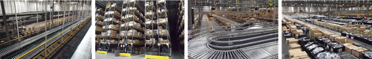 Long distribution line inside a large warehouse. Shelves stacked high with products in boxes in a warehouse. An empty packages carousel inside a large distribution center warehouse. Rows and rows of products in a large, well-lit warehouse ready to be shipped.